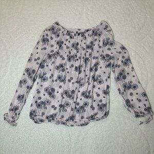 Lucky Brand Floral Print Boho Tie Sleeve Top Size Medium Gray Blue Button Front